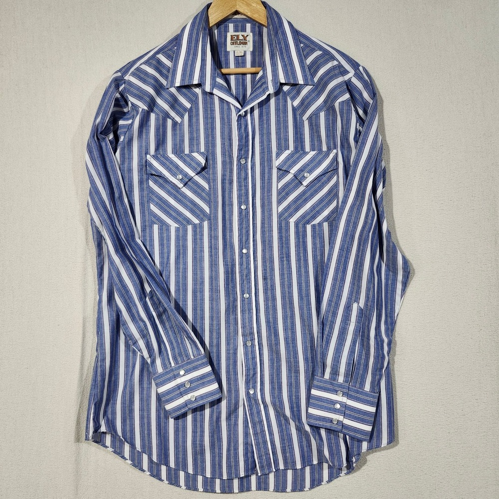 Ely Cattleman Men Blue White Striped Western Pearl Snap Shirt Large Tall L Tall